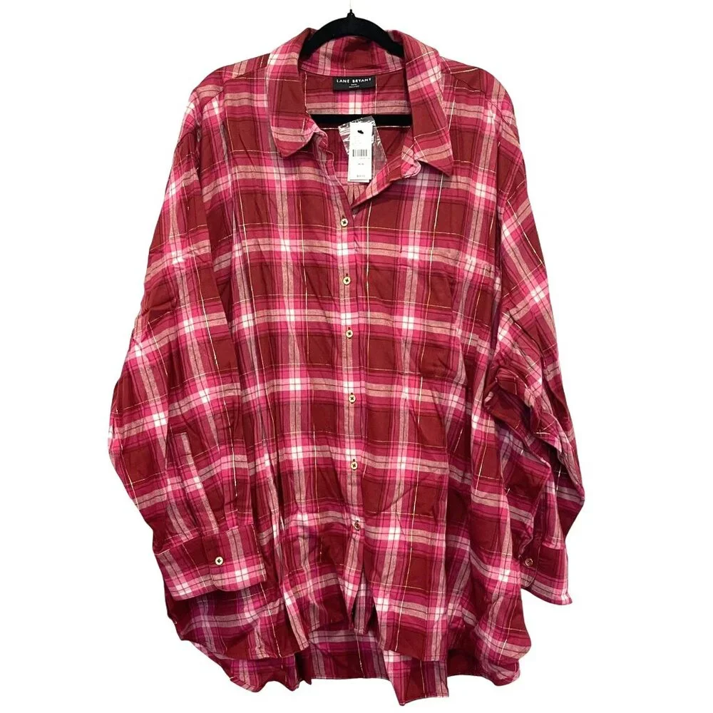 NWT Lane Bryant Womens No-Peek Plaid Button-Up Shirt 34/36 Red Pink Cotton/Visco